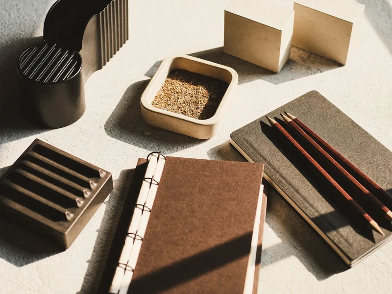 Dettaglio illustrato di materiali e lavorazioni per accessori da scrivania